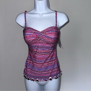 Profile By Gottex Tankini Swim Top 34D Size 6 Ruffle Hem Multicolor Soft Bra Cup